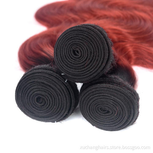Free Sample Hair Bundles Cuticle Aligned Raw Burmese Hair Indian Body Wave Two Tone Ombre 1B/Red Virgin Human Hair